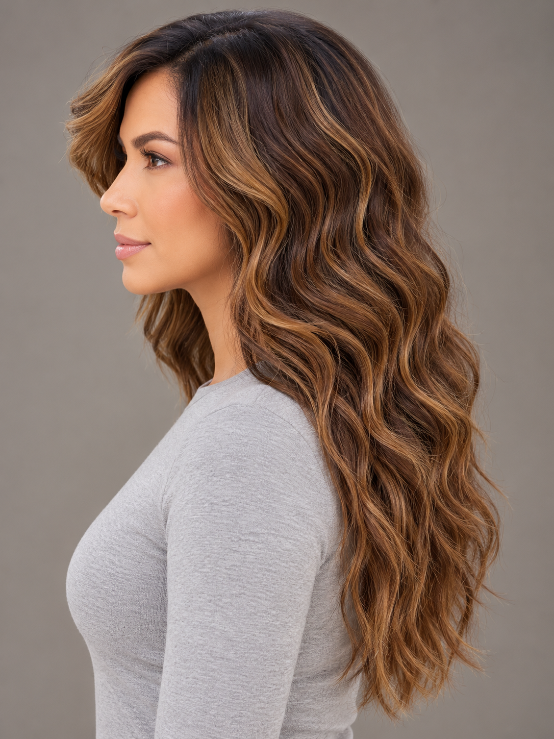 SULMY Brown Highlight Wig with Baby Hair for White Women 100% Human Hair — side view, AI-generated visualization [transfer:15428211900636-side]