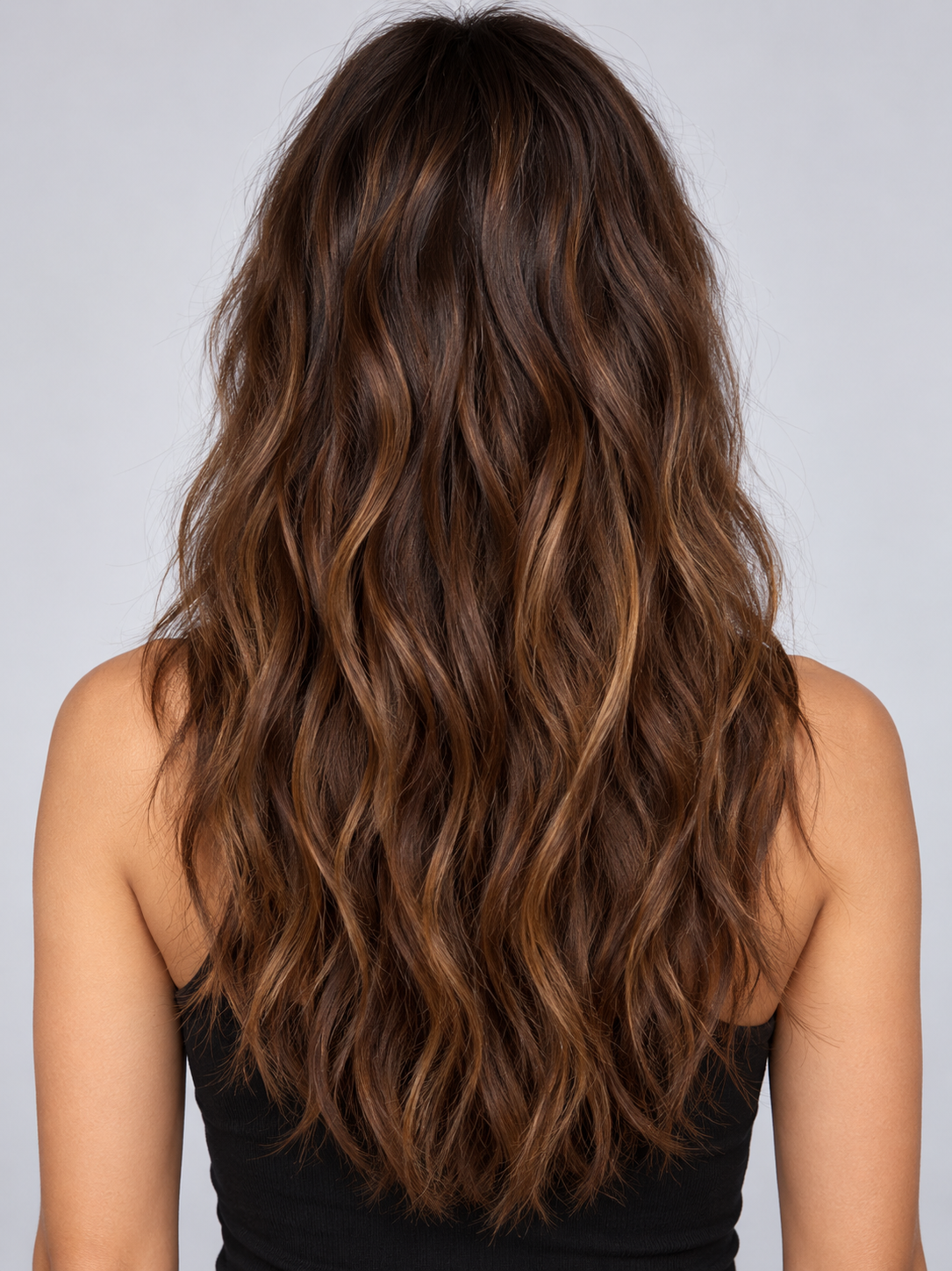 SULMY Long Wavy Brown Mixed Color Lace Front Wigs With Bangs for White Women 100% Human Hair — back view, AI-generated visualization [transfer:15428213965020-back]