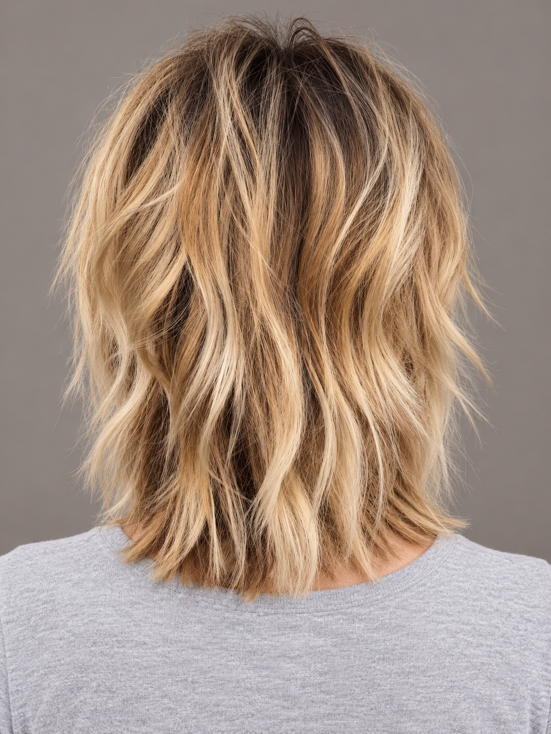 SULMY Short Caramel Blonde Balayage Wigs with Dark Roots for Women Caucasian 100% Human Hair — back view, AI-generated visualization [transfer:15428214653148-back]