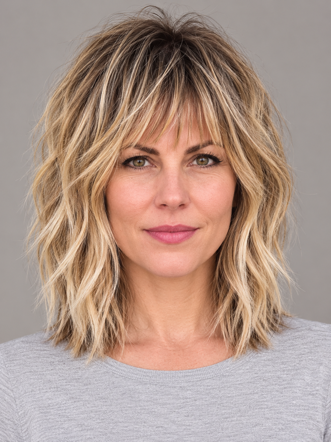 SULMY Short Caramel Blonde Balayage Wigs with Dark Roots for Women Caucasian 100% Human Hair — front view, AI-generated visualization [transfer:15428214653148-front]