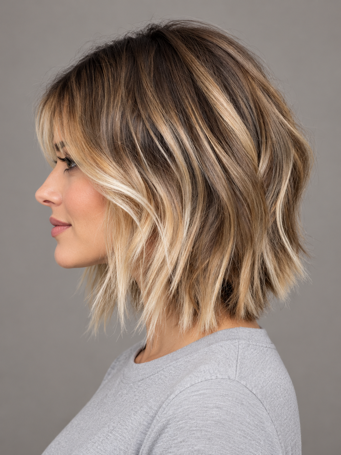 SULMY Choppy Cut Wigs with Balayage for Women Caucasian 100% Human Hair — side view, AI-generated visualization [transfer:15428215537884-side]