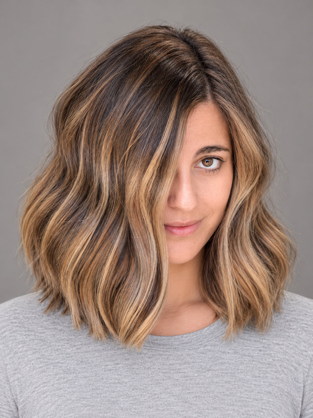 SULMY Caramel Brown Bob Wigs with Accents for Women Caucasian 100% Human Hair — front view, AI-generated visualization [transfer:15428216324316-front]