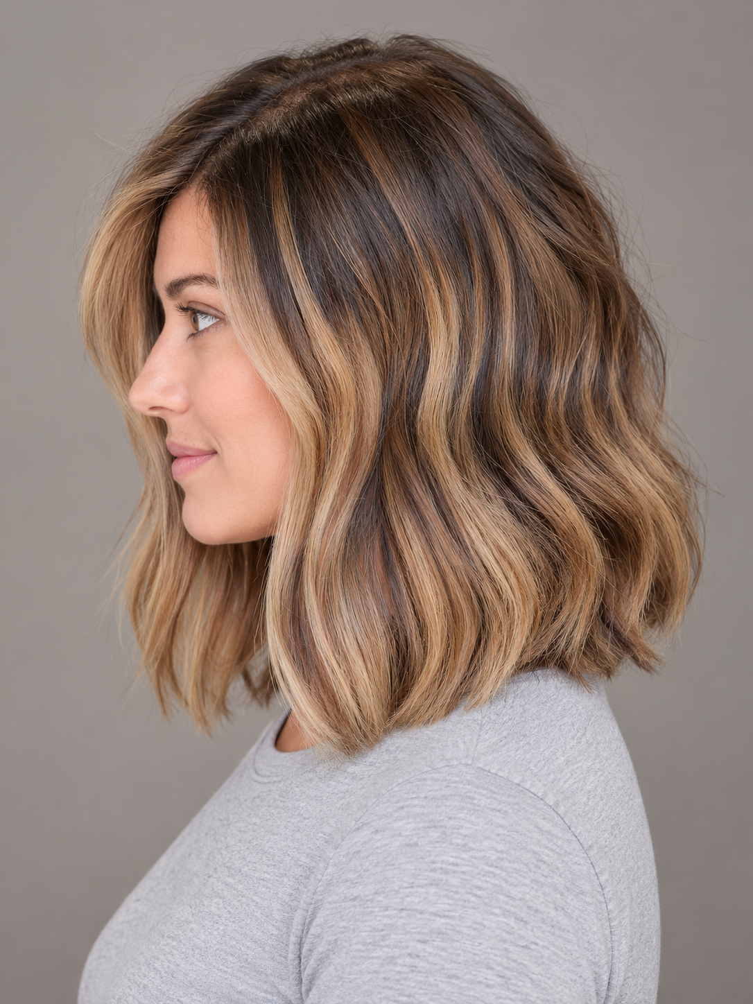 SULMY Caramel Brown Bob Wigs with Accents for Women Caucasian 100% Human Hair — side view, AI-generated visualization [transfer:15428216324316-side]