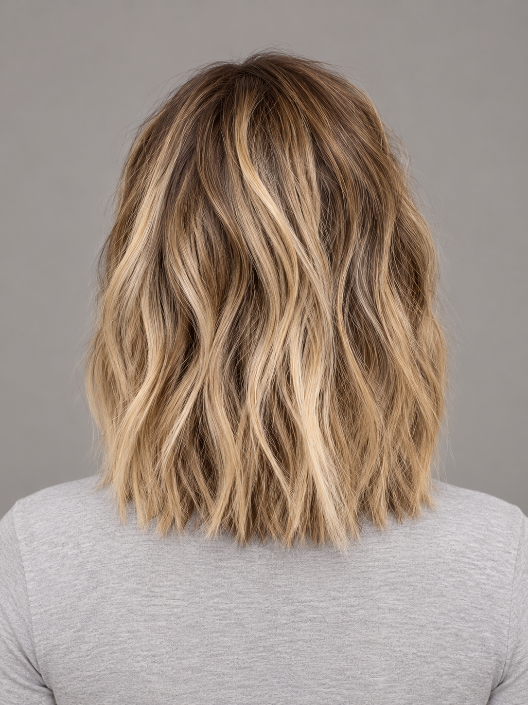 SULMY Short Blonde Highlights Wigs with Dark Roots for Women Caucasian 100% Human Hair — back view, AI-generated visualization [transfer:15428216389852-back]