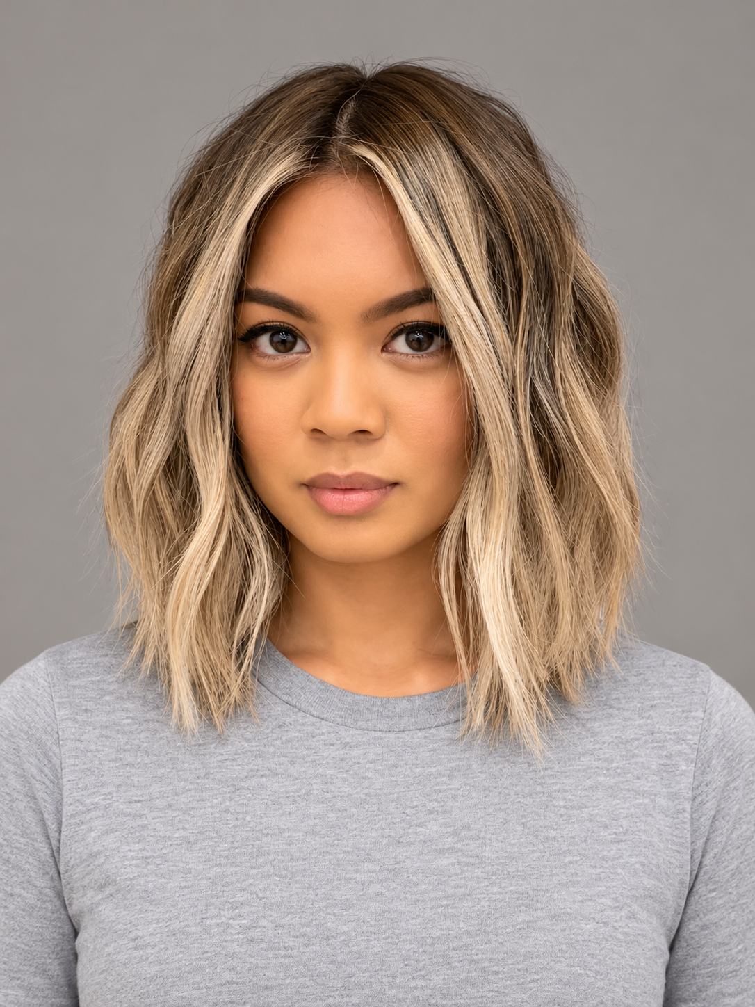 SULMY Short Blonde Highlights Wigs with Dark Roots for Women Caucasian 100% Human Hair — front view, AI-generated visualization [transfer:15428216389852-front]