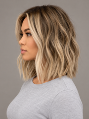SULMY Short Blonde Highlights Wigs with Dark Roots for Women Caucasian 100% Human Hair — side view, AI-generated visualization [transfer:15428216389852-side]