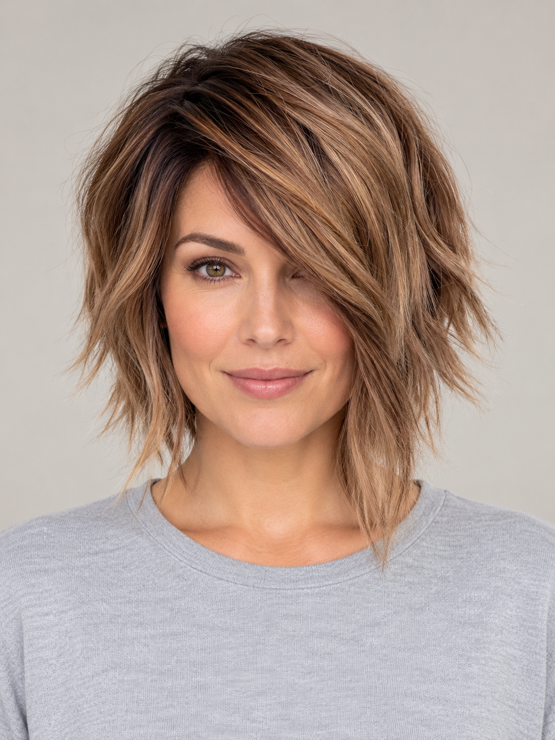 SULMY Balayage Highlights and Lowlights Short Bob Wigs for Women Caucasian 100% Human Hair — front view, AI-generated visualization [transfer:15428217176284-front]