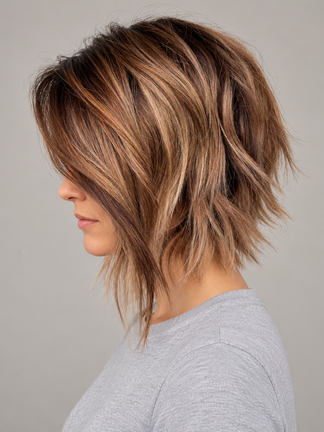 SULMY Balayage Highlights and Lowlights Short Bob Wigs for Women Caucasian 100% Human Hair — side view, AI-generated visualization [transfer:15428217176284-side]