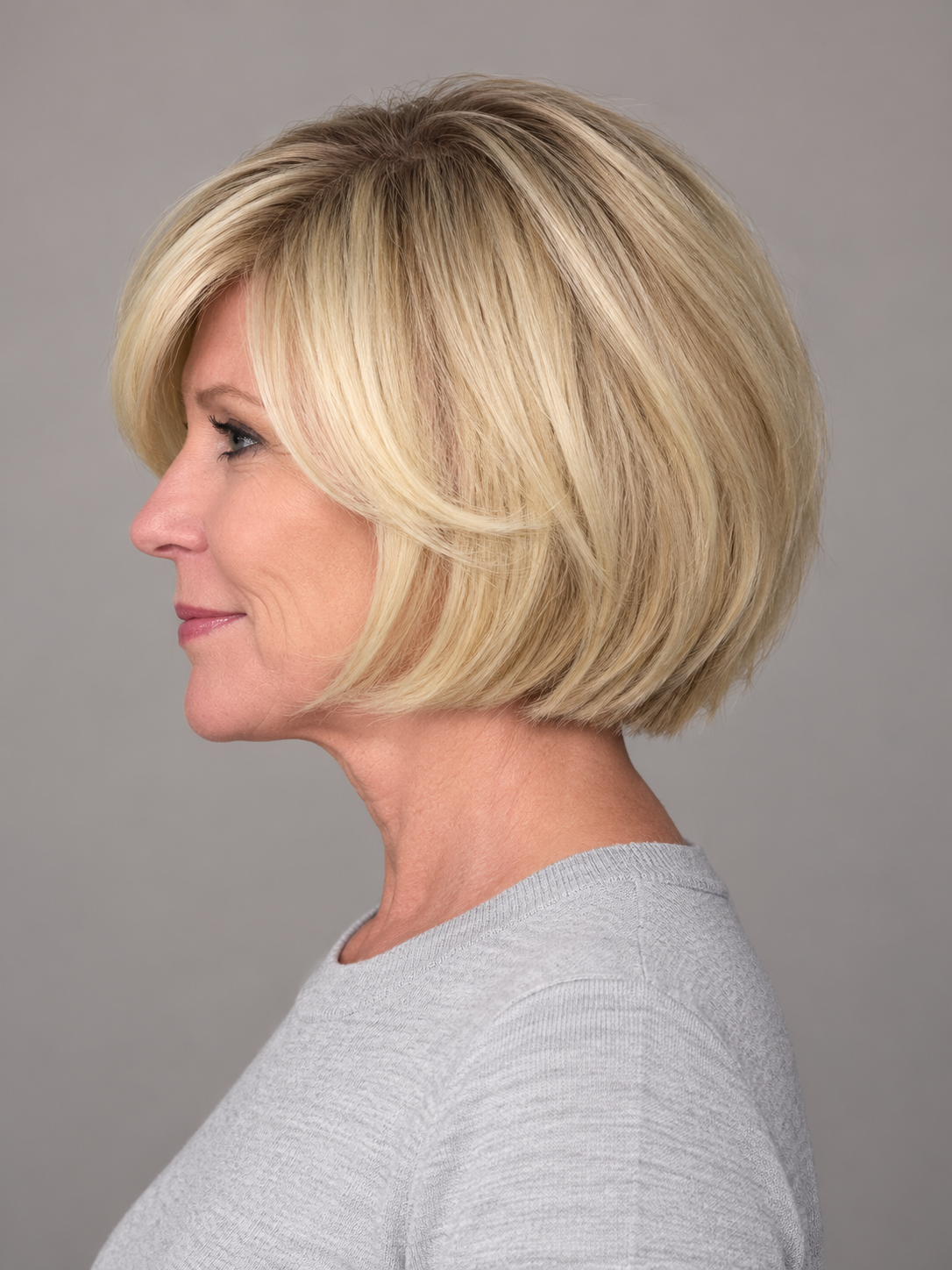 SULMY Youthful Side-Swept Fringe Wigs for Older Women for Women Caucasian 100% Human Hair — side view, AI-generated visualization [transfer:15428217831644-side]