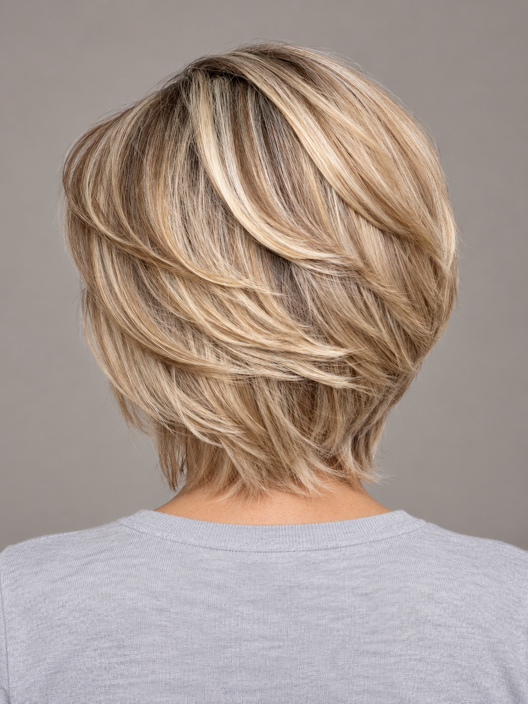 SULMY Blonde Angled Bob Wigs with Swoopy Layers for Women Caucasian 100% Human Hair — back view, AI-generated visualization [transfer:15428217929948-back]