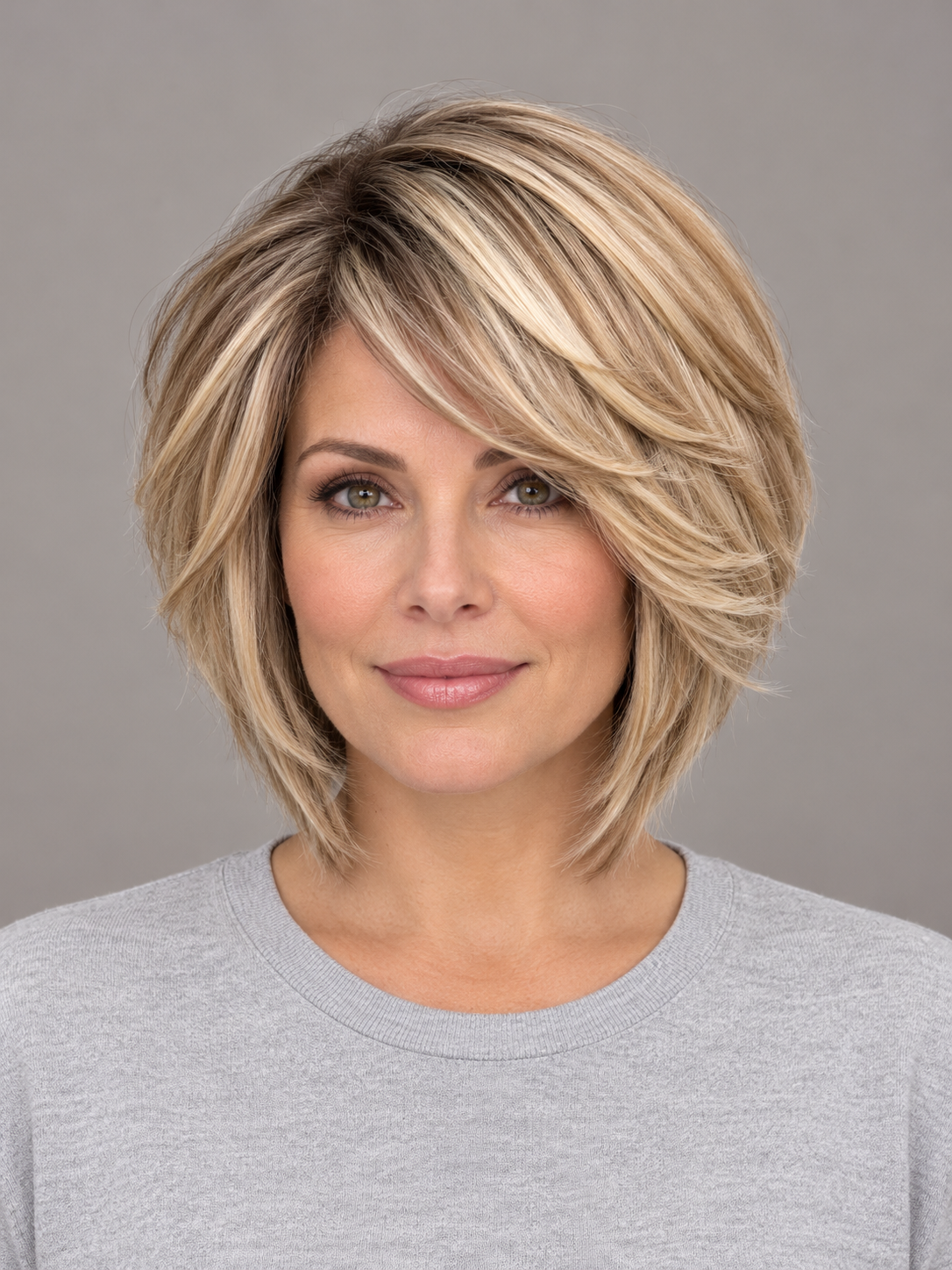 SULMY Blonde Angled Bob Wigs with Swoopy Layers for Women Caucasian 100% Human Hair — front view, AI-generated visualization [transfer:15428217929948-front]
