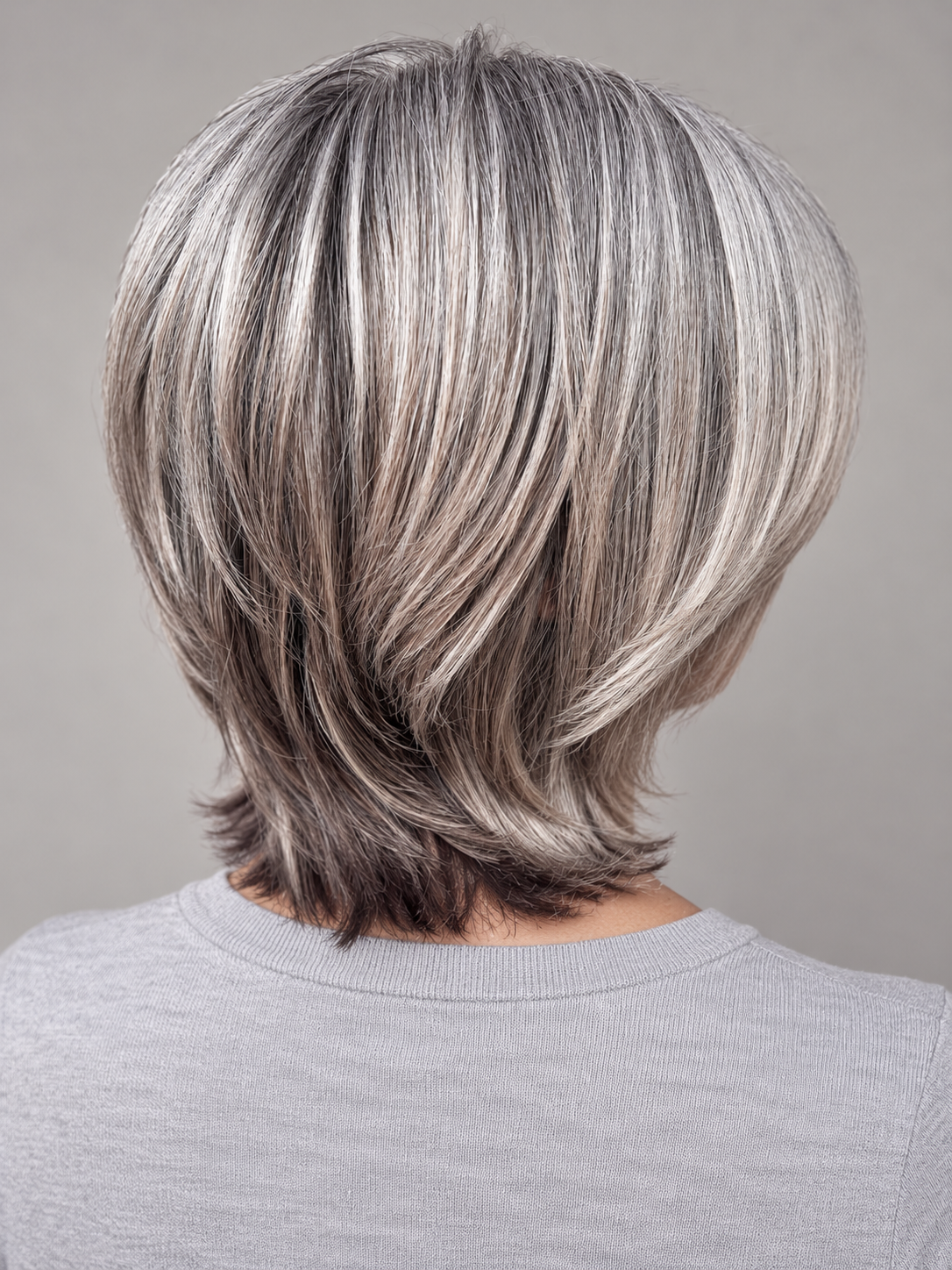 SULMY Bi-Level Salt-and-Pepper Wigs for Women Caucasian 100% Human Hair — back view, AI-generated visualization [transfer:15428218355932-back]