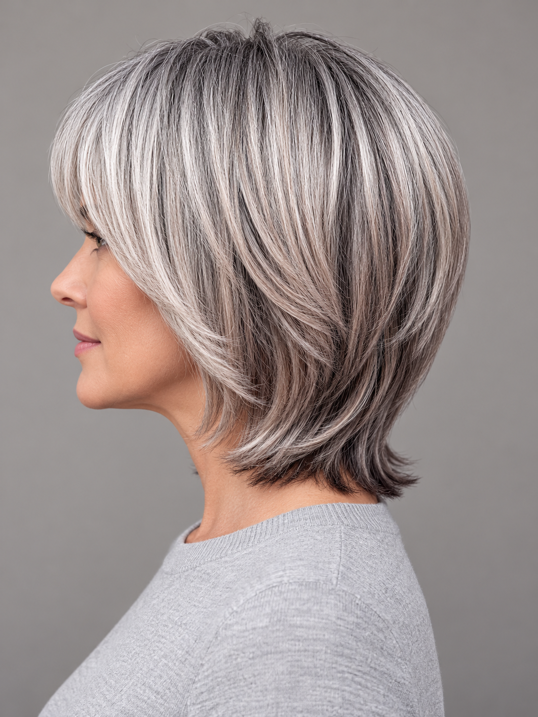 SULMY Bi-Level Salt-and-Pepper Wigs for Women Caucasian 100% Human Hair — side view, AI-generated visualization [transfer:15428218355932-side]