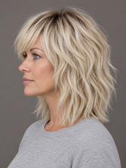 SULMY Blonde Shag Wigs with Side Bangs and Dark Roots for Women Caucasian 100% Human Hair — side view, AI-generated visualization [transfer:15428218454236-side]