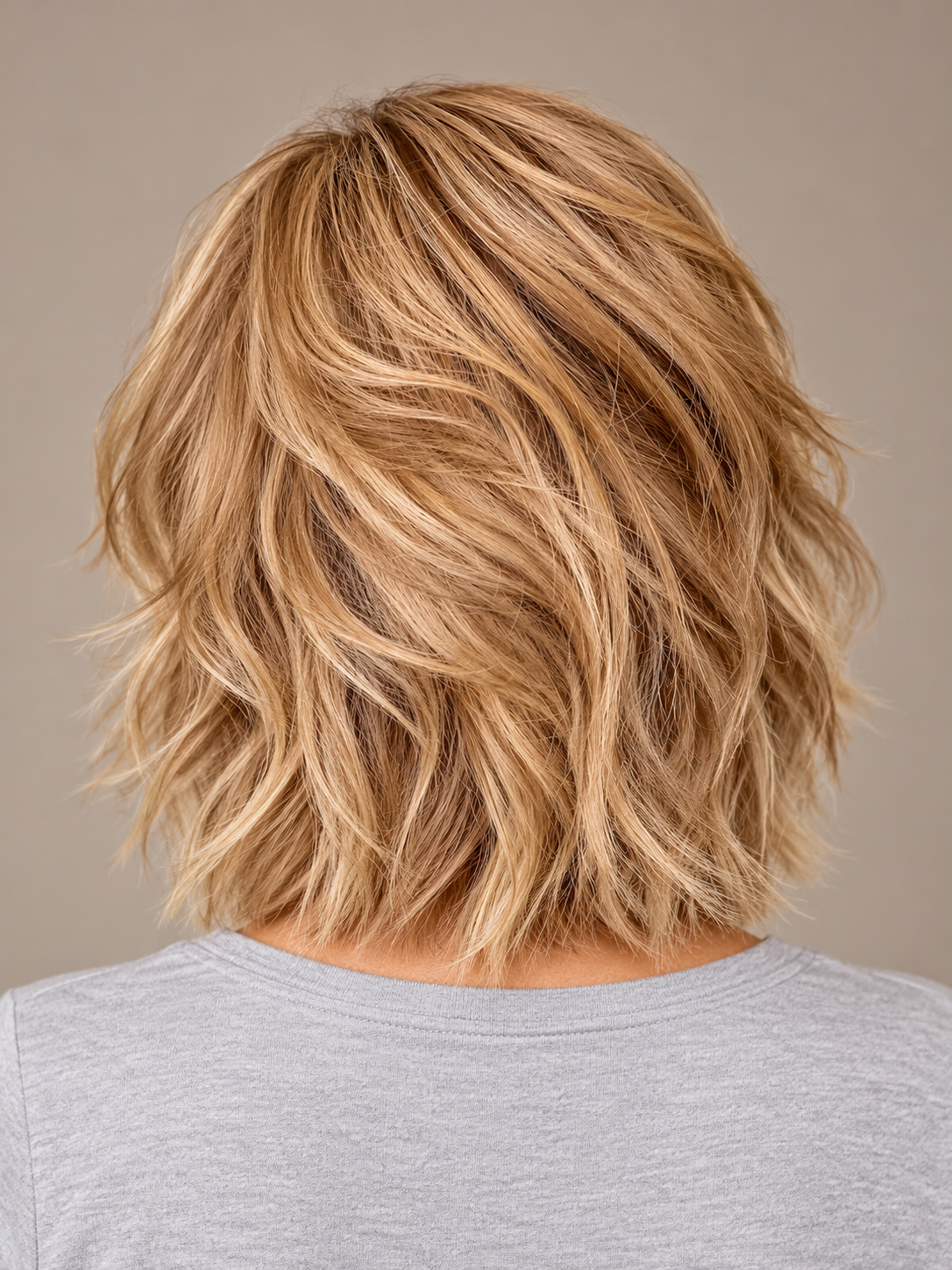 SULMY Shaggy Lob Wigs with Highlights for Women Caucasian 100% Human Hair — back view, AI-generated visualization [transfer:15428218585308-back]