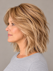SULMY Shaggy Lob Wigs with Highlights for Women Caucasian 100% Human Hair — side view, AI-generated visualization [transfer:15428218585308-side]