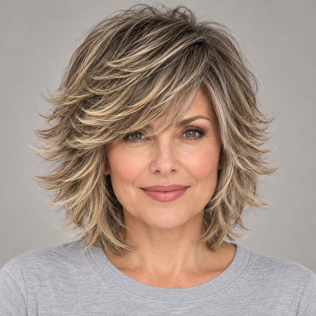 SULMY Shag Wigs with Highlights for Women over 50 for Women Caucasian 100% Human Hair — front view, AI-generated visualization [transfer:15428218978524-front]