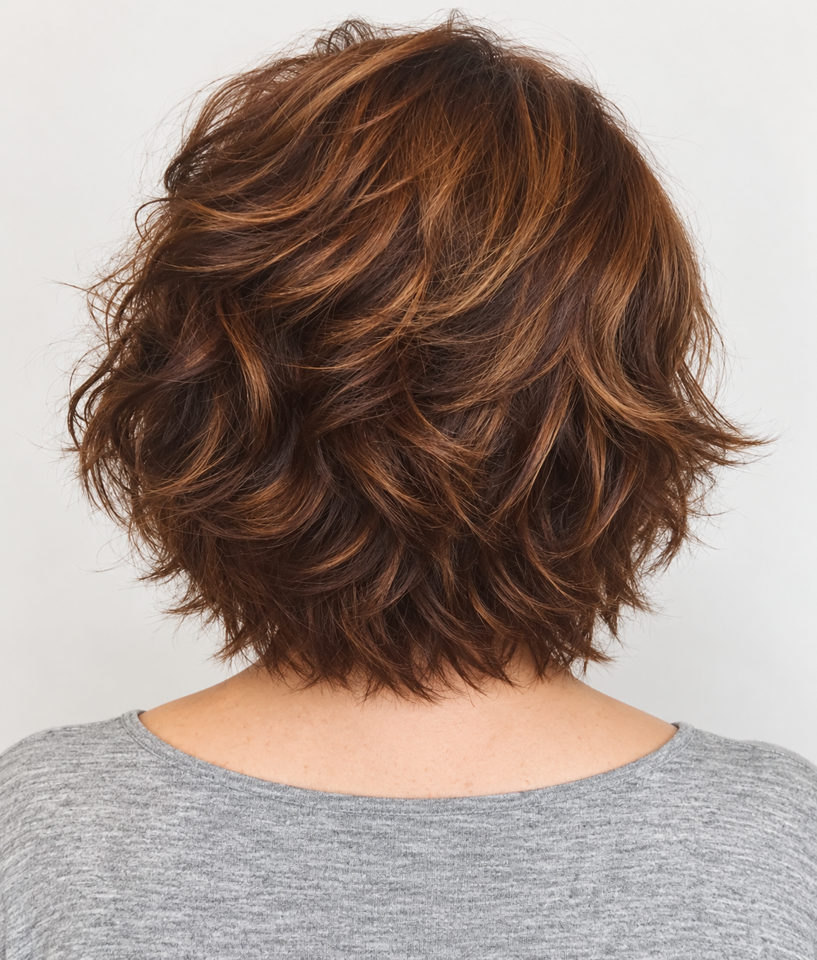 SULMY Heavily Layered Bob Wigs with Highlights for Ladies over 50 for Women Caucasian 100% Human Hair — back view, AI-generated visualization [transfer:15428219207900-back]