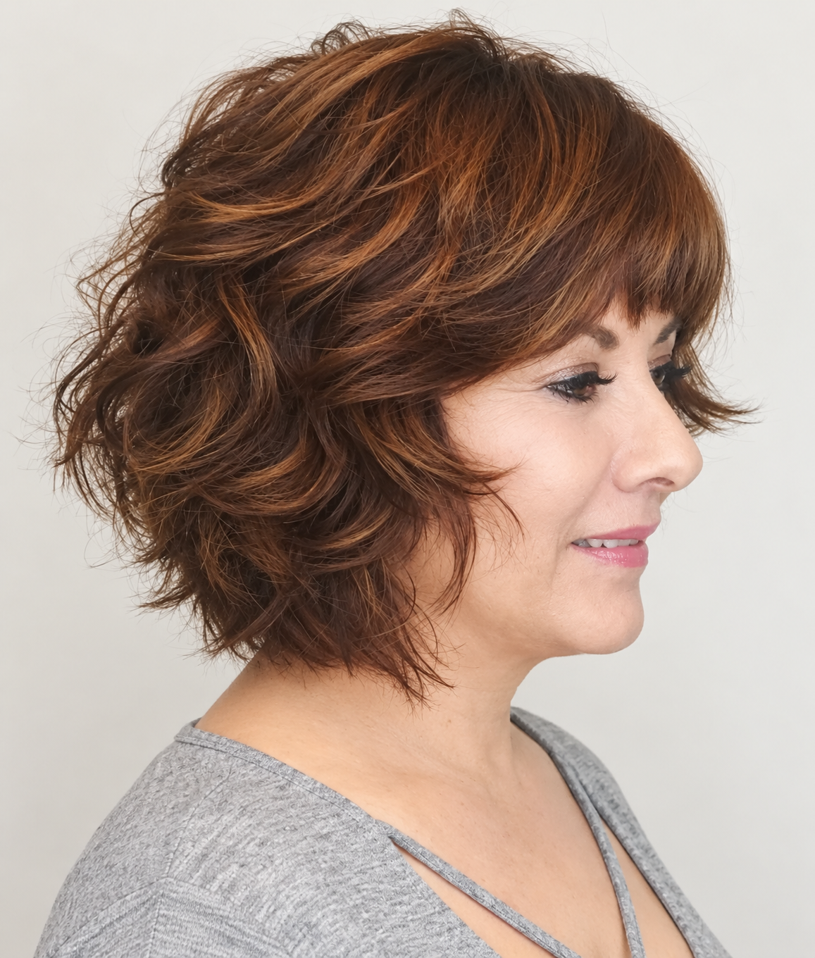 SULMY Heavily Layered Bob Wigs with Highlights for Ladies over 50 for Women Caucasian 100% Human Hair — side view, AI-generated visualization [transfer:15428219207900-side]