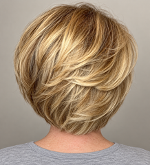 SULMY Golden Bob Wigs with Bangs for Ladies over 50 for Women Caucasian 100% Human Hair — back view, AI-generated visualization [transfer:15428219338972-back]