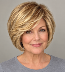 SULMY Golden Bob Wigs with Bangs for Ladies over 50 for Women Caucasian 100% Human Hair — front view, AI-generated visualization [transfer:15428219338972-front]