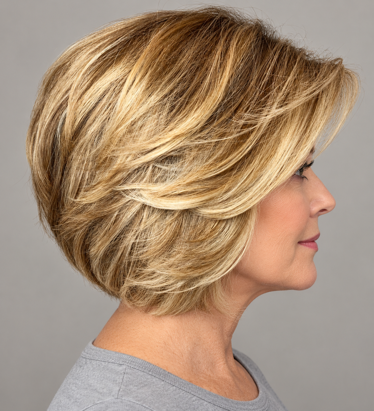 SULMY Golden Bob Wigs with Bangs for Ladies over 50 for Women Caucasian 100% Human Hair — side view, AI-generated visualization [transfer:15428219338972-side]