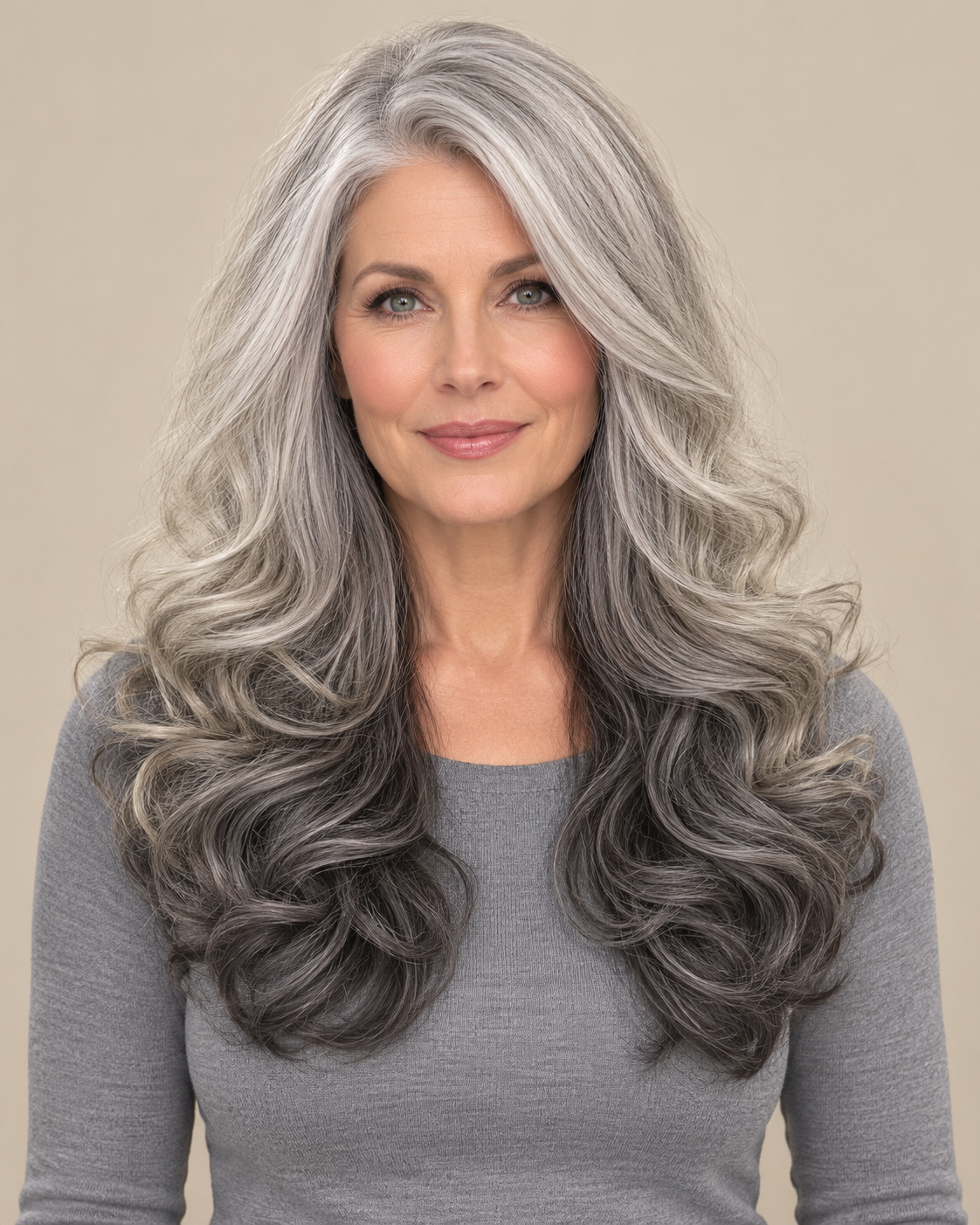 SULMY Gray Salt and Pepper Wigs with Reverse Ombre 100% Real Human Hair for Caucasian Women — front view, AI-generated visualization [transfer:15428225925340-front]