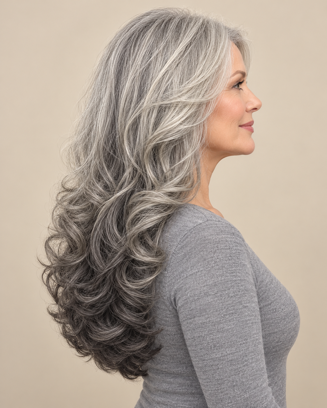 SULMY Gray Salt and Pepper Wigs with Reverse Ombre 100% Real Human Hair for Caucasian Women — side view, AI-generated visualization [transfer:15428225925340-side]