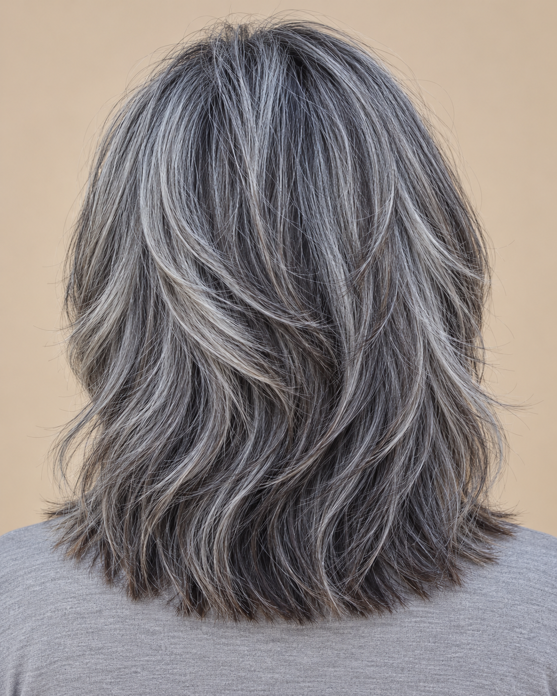 SULMY Salt and Pepper Lob Wigs with Face-Framing Layers 100% Real Human Hair for Caucasian Women — back view, AI-generated visualization [transfer:15428226941148-back]