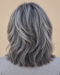 SULMY Salt and Pepper Lob Wigs with Face-Framing Layers 100% Real Human Hair for Caucasian Women — back view, AI-generated visualization [transfer:15428226941148-back]