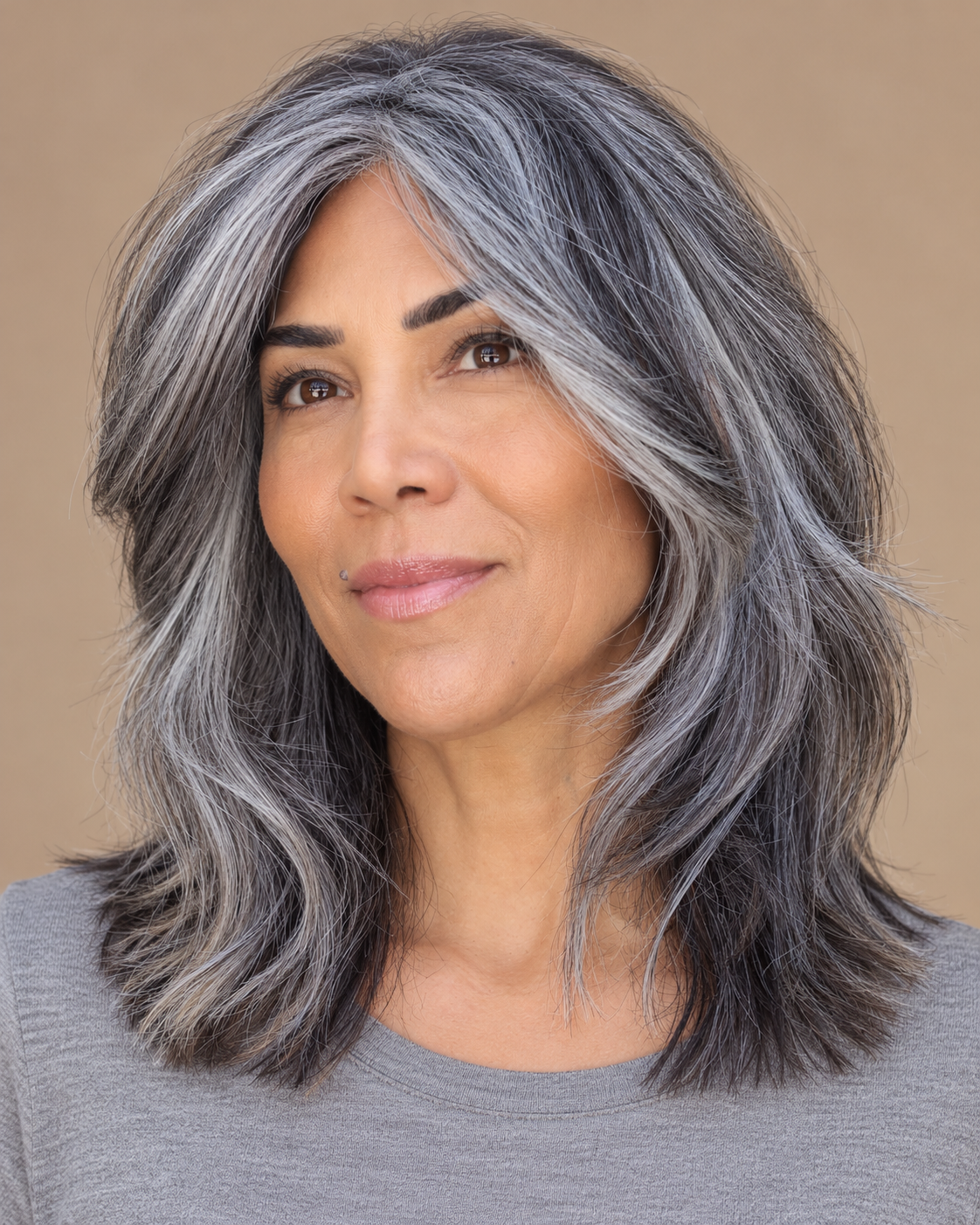SULMY Salt and Pepper Lob Wigs with Face-Framing Layers 100% Real Human Hair for Caucasian Women — front view, AI-generated visualization [transfer:15428226941148-front]