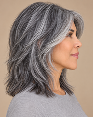 SULMY Salt and Pepper Lob Wigs with Face-Framing Layers 100% Real Human Hair for Caucasian Women — side view, AI-generated visualization [transfer:15428226941148-side]