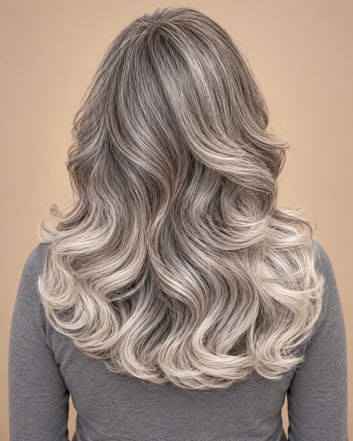 SULMY Long Wavy Salt and Pepper Wigs 100% Real Human Hair for Caucasian Women — back view, AI-generated visualization [transfer:15428227432668-back]