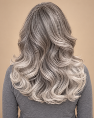 SULMY Long Wavy Salt and Pepper Wigs 100% Real Human Hair for Caucasian Women — back view, AI-generated visualization [transfer:15428227432668-back]