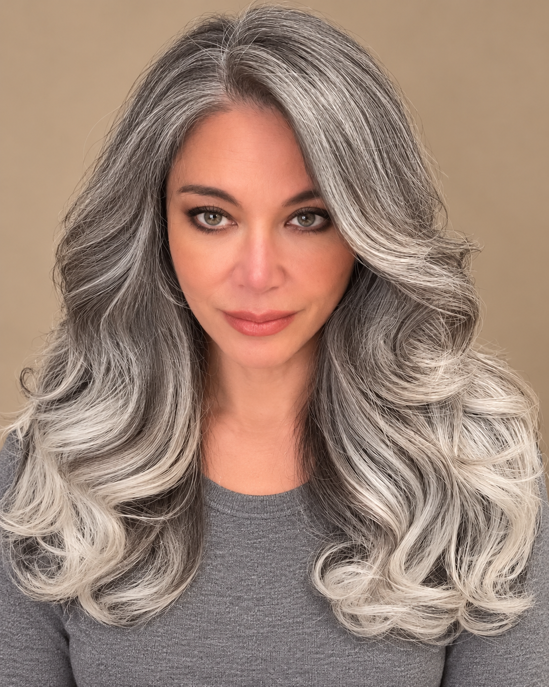 SULMY Long Wavy Salt and Pepper Wigs 100% Real Human Hair for Caucasian Women — front view, AI-generated visualization [transfer:15428227432668-front]