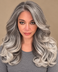 SULMY Long Wavy Salt and Pepper Wigs 100% Real Human Hair for Caucasian Women — front view, AI-generated visualization [transfer:15428227432668-front]