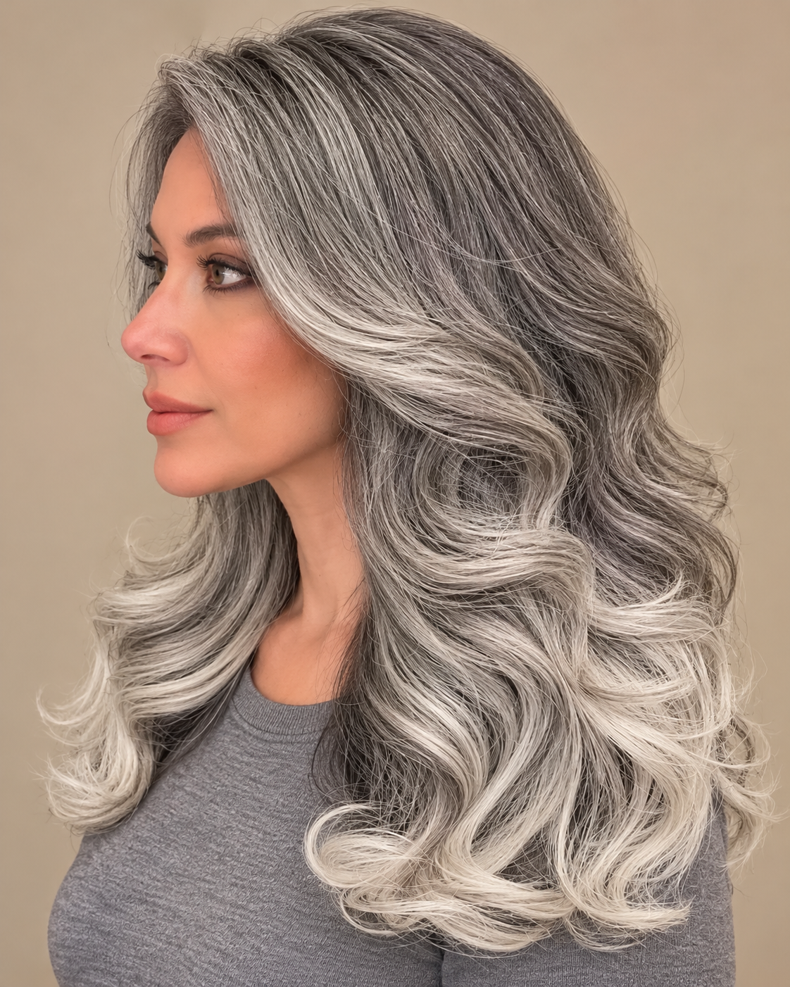 SULMY Long Wavy Salt and Pepper Wigs 100% Real Human Hair for Caucasian Women — side view, AI-generated visualization [transfer:15428227432668-side]