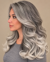 SULMY Long Wavy Salt and Pepper Wigs 100% Real Human Hair for Caucasian Women — side view, AI-generated visualization [transfer:15428227432668-side]