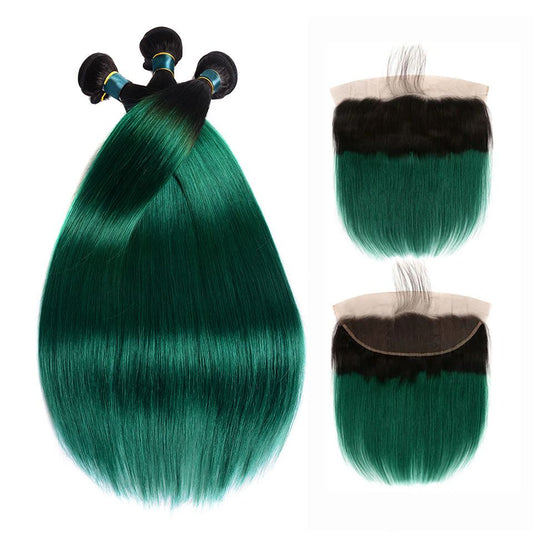 Dark Green Bundles With Frontal Green Straight Human Hair Dark Roots | SULMY.