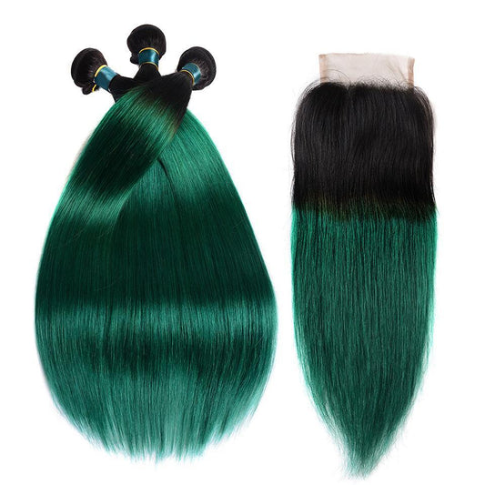 Dark Green Bundles With Closure Green Straight Human Hair Dark Roots | SULMY.