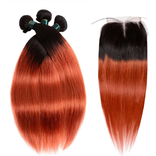 350 Bundles With Closure Burnt Orange Straight Human Hair Dark Roots | SULMY.