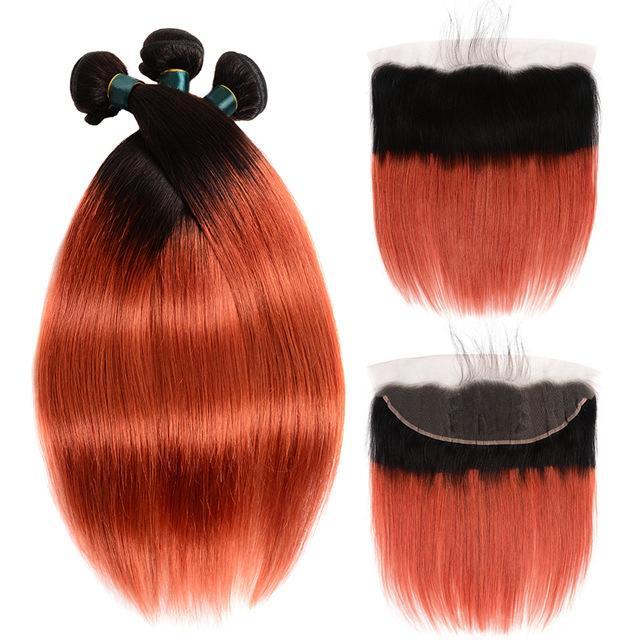 350 Bundles With Frontal Burnt Orange Straight Human Hair Dark Roots | SULMY.