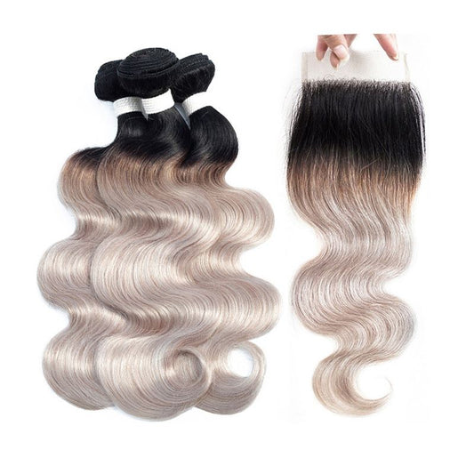 Silver Grey Bundles With Closure Human Hair Grey Ombre Weave With Closure Dark Roots | SULMY.