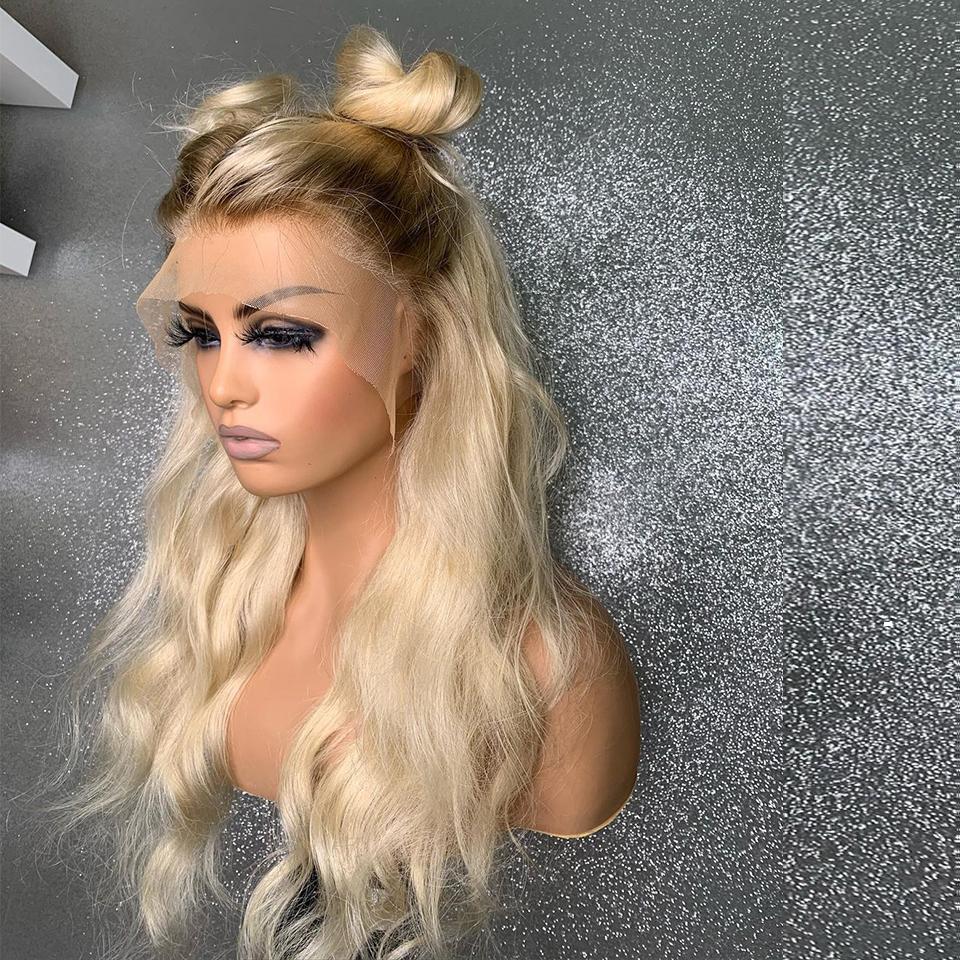 613 Honey Blonde Wig with #4 Dark Brown Root Wavy Transparent Lace Front Human Hair Wigs | SULMY.