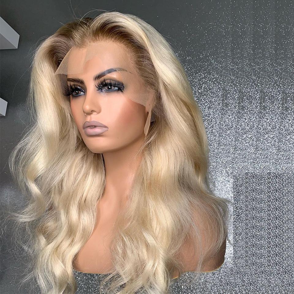 613 Honey Blonde Wig with #4 Dark Brown Root Wavy Transparent Lace Front Human Hair Wigs | SULMY.