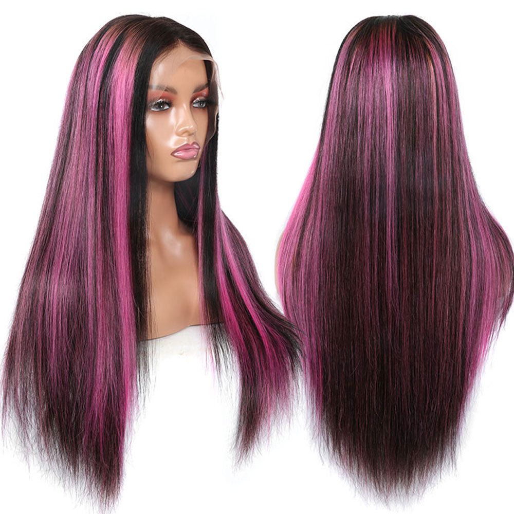 Black Hair Wig With Pink Highlight Stripes 100% Real Human Hair Wig