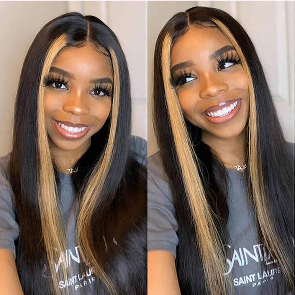Black hair with two online blonde streaks in front