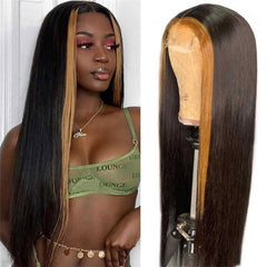 Black Human Hair Wig With #27 Honey Blonde Highlights In Front | SULMY.