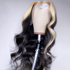 Black Human Hair Wig With Blonde Highlight Streaks In Front Body Wave | SULMY.
