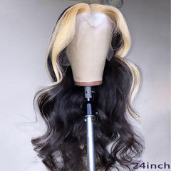 Black Human Hair Wig With Blonde Highlight Streaks In Front Body Wave | SULMY.